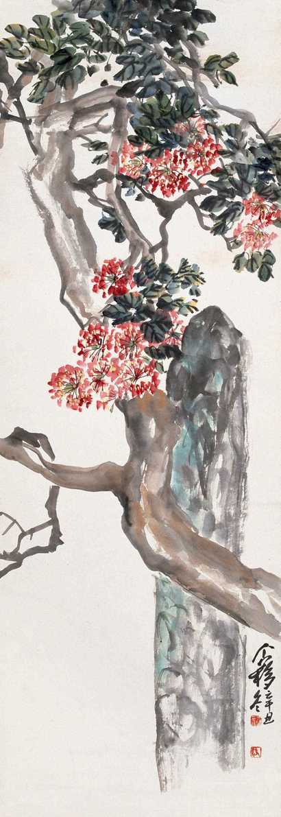 王个簃 1961年作 紫薇 立轴